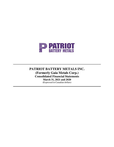 Thumbnail Patriot Battery Metals Financial Statement fy2021