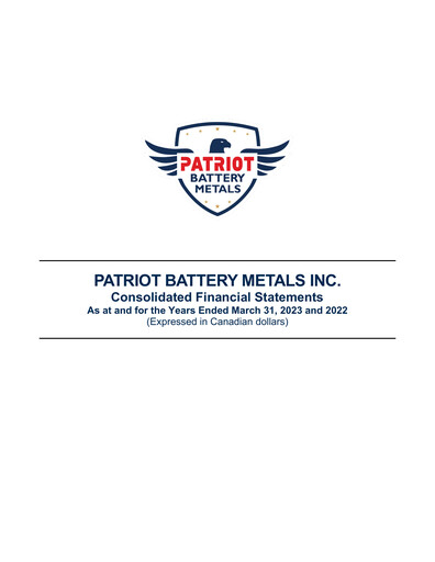 Thumbnail Patriot Battery Metals Financial Statement fy2023