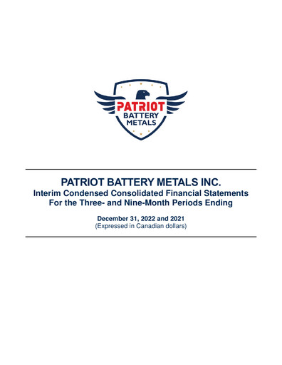 Thumbnail Patriot Battery Metals Quarterly Report fy2023-q3
