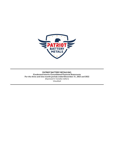 Thumbnail Patriot Battery Metals Quarterly Report fy2024-q3