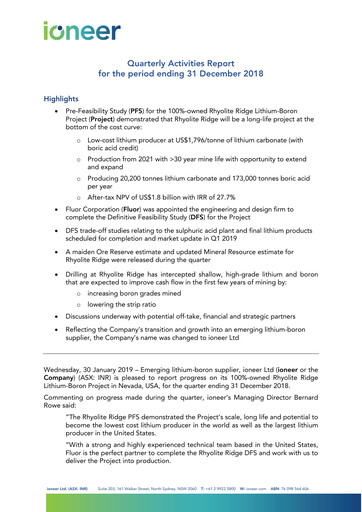 Miniature Ioneer Rapport trimestriel 2018-q4