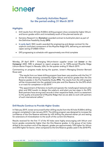 Miniature Ioneer Rapport trimestriel 2019-q1