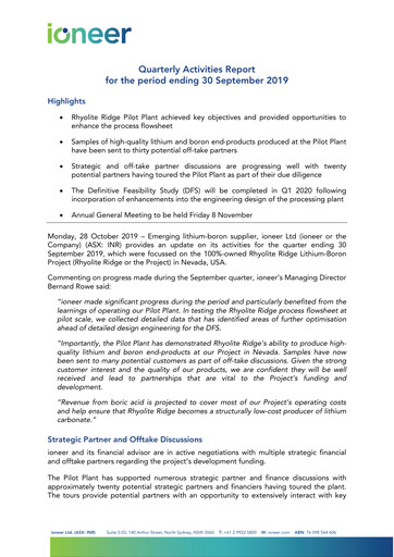 Miniature Ioneer Rapport trimestriel 2019-q3