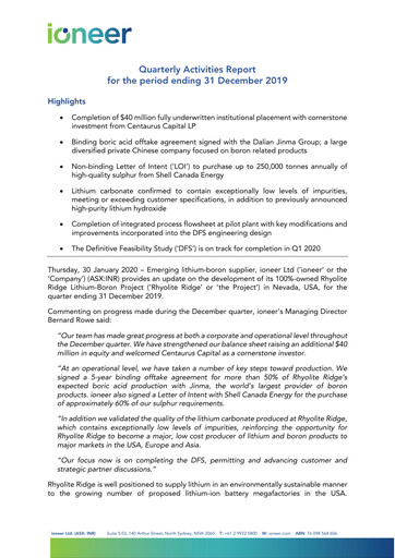 Miniature Ioneer Rapport trimestriel 2019-q4