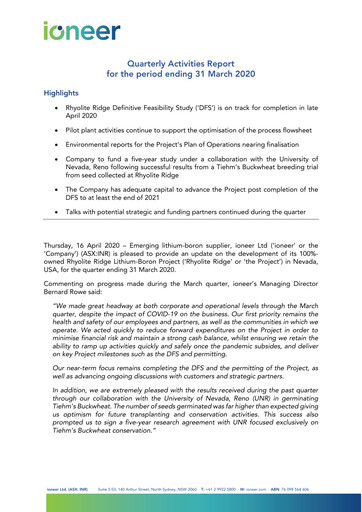 Miniature Ioneer Rapport trimestriel 2020-q1