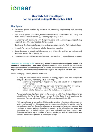 Miniature Ioneer Rapport trimestriel 2020-q4