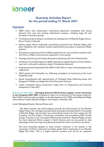Miniature Ioneer Rapport trimestriel 2021-q1