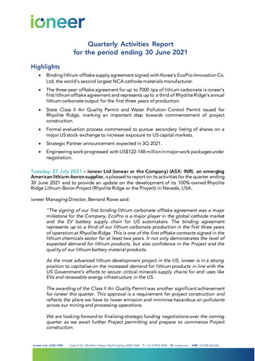 Miniature Ioneer Rapport trimestriel 2021-q2
