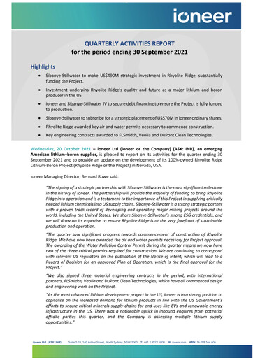Miniature Ioneer Rapport trimestriel 2021-q3