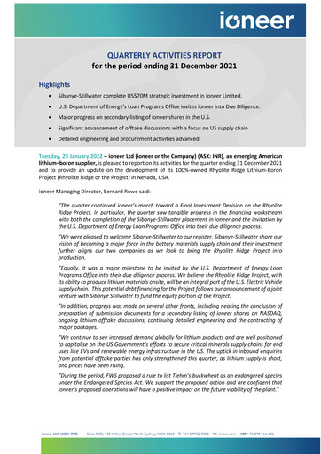 Miniature Ioneer Rapport trimestriel 2021-q4