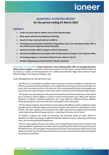 Miniature Ioneer Rapport trimestriel 2022-q1