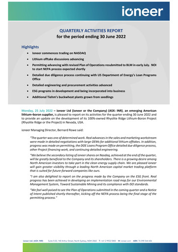 Miniature Ioneer Rapport trimestriel 2022-q2