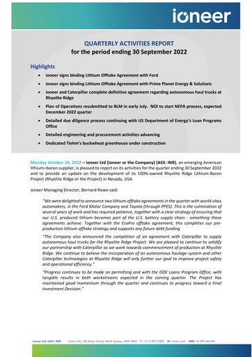 Miniature Ioneer Rapport trimestriel 2022-q3