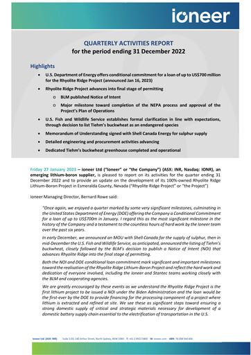 Miniature Ioneer Rapport trimestriel 2022-q4