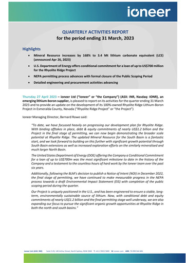 Miniature Ioneer Rapport trimestriel 2023-q1