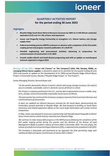 Miniature Ioneer Rapport trimestriel 2023-q2