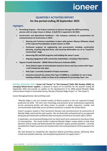 Miniature Ioneer Rapport trimestriel 2023-q3