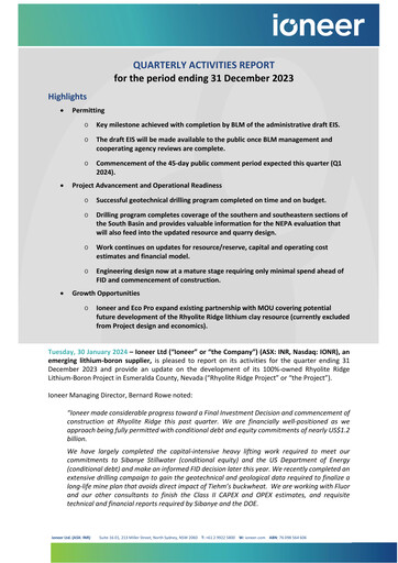 Miniature Ioneer Rapport trimestriel 2023-q4