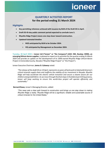 Miniature Ioneer Rapport trimestriel 2024-q1