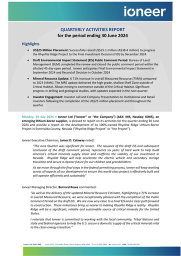 Miniature Ioneer Rapport trimestriel 2024-q2