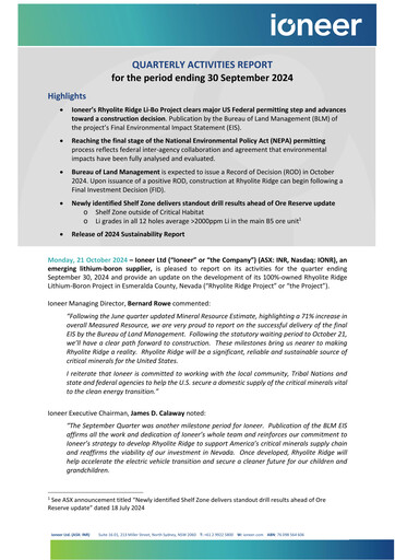 Miniature Ioneer Rapport trimestriel 2024-q3