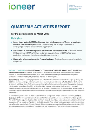 Miniature Ioneer Rapport trimestriel 2025-q1