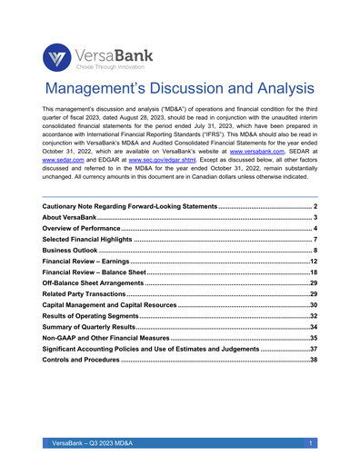 Vorschaubild VersaBank Quartalsbericht 2023-q3