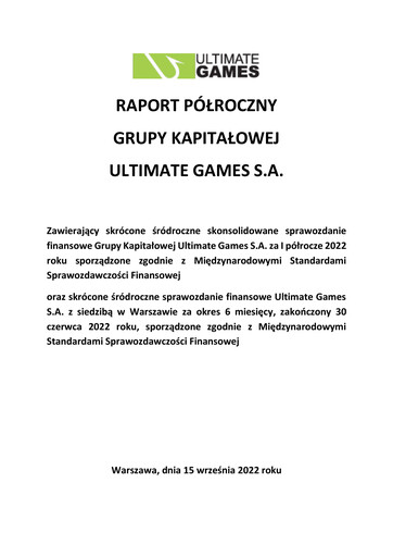 Miniature Ultimate Games Rapport semestriel 2022-h1
