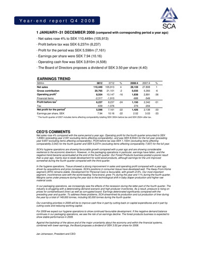 Thumbnail Svenska Cellulosa Aktiebolaget (SCA) Financial Report 2008
