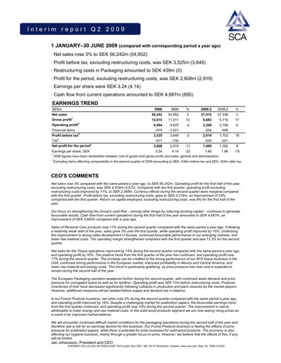 Thumbnail Svenska Cellulosa Aktiebolaget (SCA) Half-year Report 2009-h1