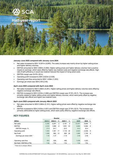 Thumbnail Svenska Cellulosa Aktiebolaget (SCA) Half-year Report 2025-h1