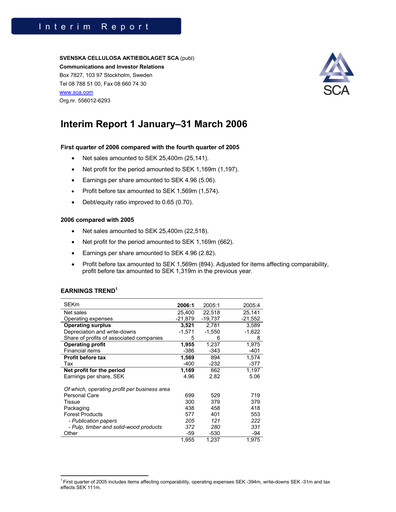 Thumbnail Svenska Cellulosa Aktiebolaget (SCA) Quarterly Report 2006-q1