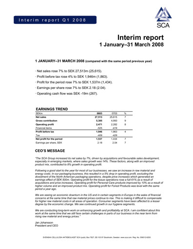 Thumbnail Svenska Cellulosa Aktiebolaget (SCA) Quarterly Report 2008-q1