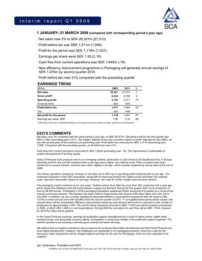 Thumbnail Svenska Cellulosa Aktiebolaget (SCA) Quarterly Report 2009-q1