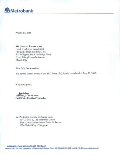 Thumbnail Metropolitan Bank (Metrobank) Quarterly Report 2015-q2