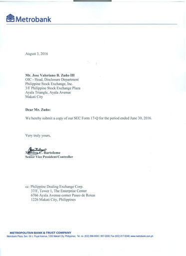 Thumbnail Metropolitan Bank (Metrobank) Quarterly Report 2016-q2