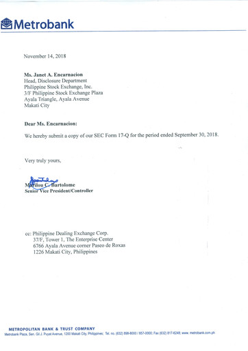 Thumbnail Metropolitan Bank (Metrobank) Quarterly Report 2018-q3