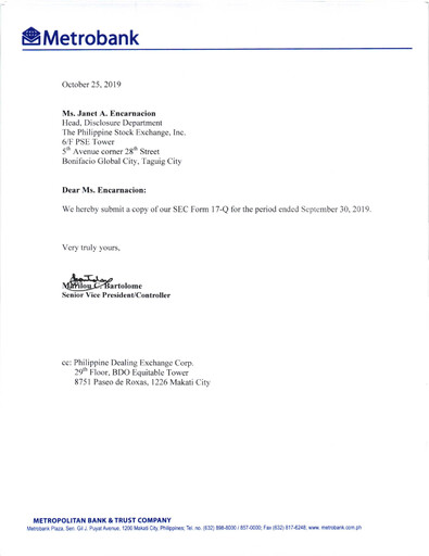 Thumbnail Metropolitan Bank (Metrobank) Quarterly Report 2019-q3
