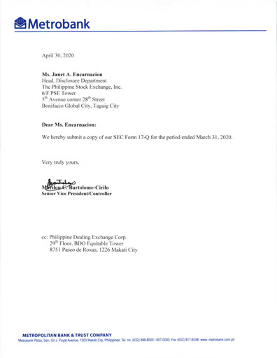 Thumbnail Metropolitan Bank (Metrobank) Quarterly Report 2020-q1