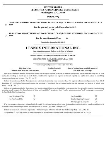Thumbnail Lennox Quarterly Report 2019-q3