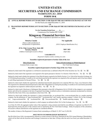 Thumbnail Kingsway Financial Services Annual Report 2016