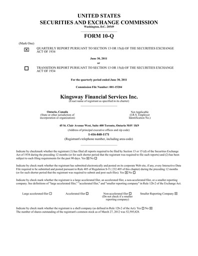 Thumbnail Kingsway Financial Services Quarterly Report 2011-q2