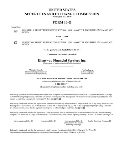 Thumbnail Kingsway Financial Services Quarterly Report 2014-q1