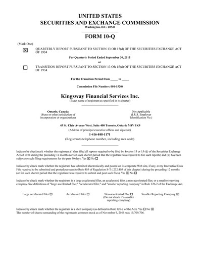 Thumbnail Kingsway Financial Services Quarterly Report 2015-q3