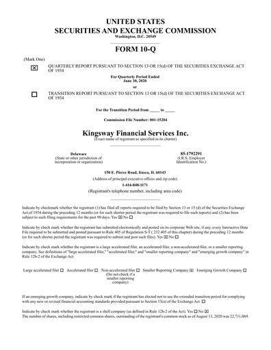 Thumbnail Kingsway Financial Services Quarterly Report 2020-q2