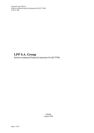 Miniature LPP SA Rapport trimestriel 2006-q2