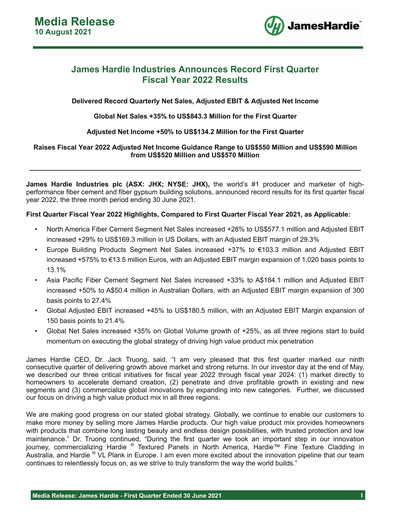 Miniature James Hardie Industries
 Rapport trimestriel fy2022-q1