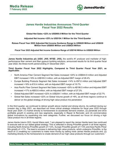 Miniature James Hardie Industries
 Rapport trimestriel fy2022-q3