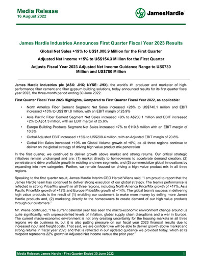 Miniature James Hardie Industries
 Rapport trimestriel fy2023-q1