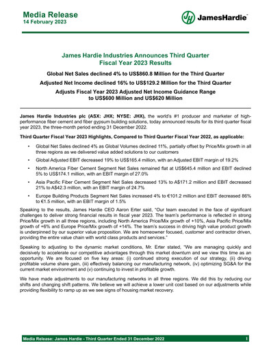 Miniature James Hardie Industries
 Rapport trimestriel fy2023-q3